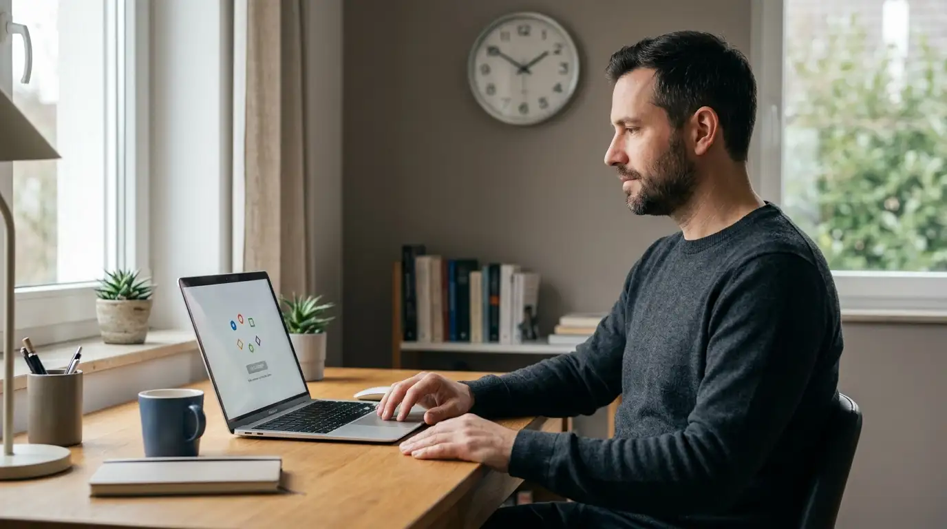 Spieler am Laptop wartet auf die Freigabe der nächsten Runde im Online Casino