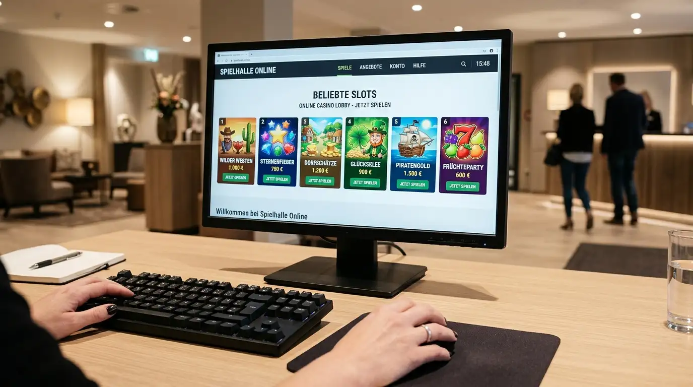 Übersicht von Spiel­automaten in einem Online-Casino auf einem Bildschirm