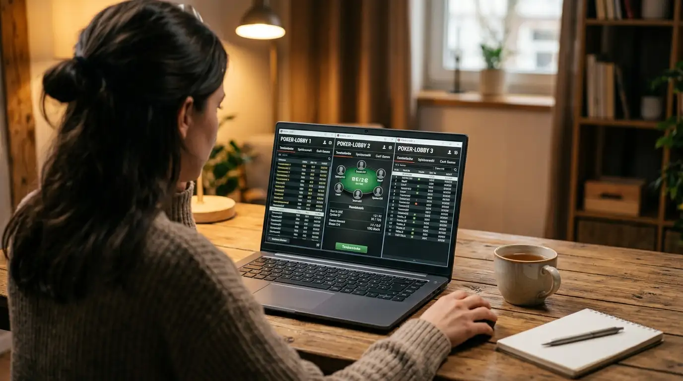 Person am Laptop vergleicht mehrere Online-Pokerraum-Lobbys nebeneinander