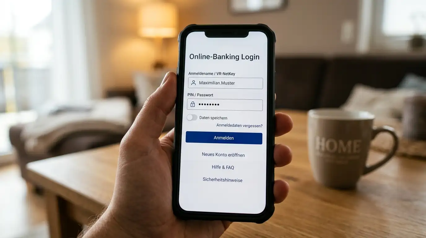 Open-Banking-Interface auf Smartphone: Online-Banking-Login-Maske ohne Casino-Branding
