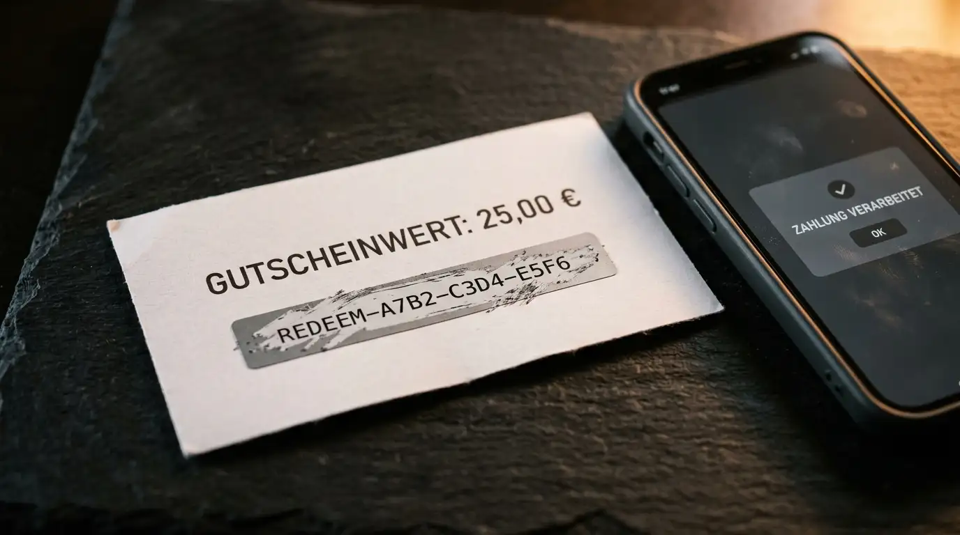 Prepaid-Voucher mit verdeckter PIN neben einem Smartphone als Zahlungsmethode