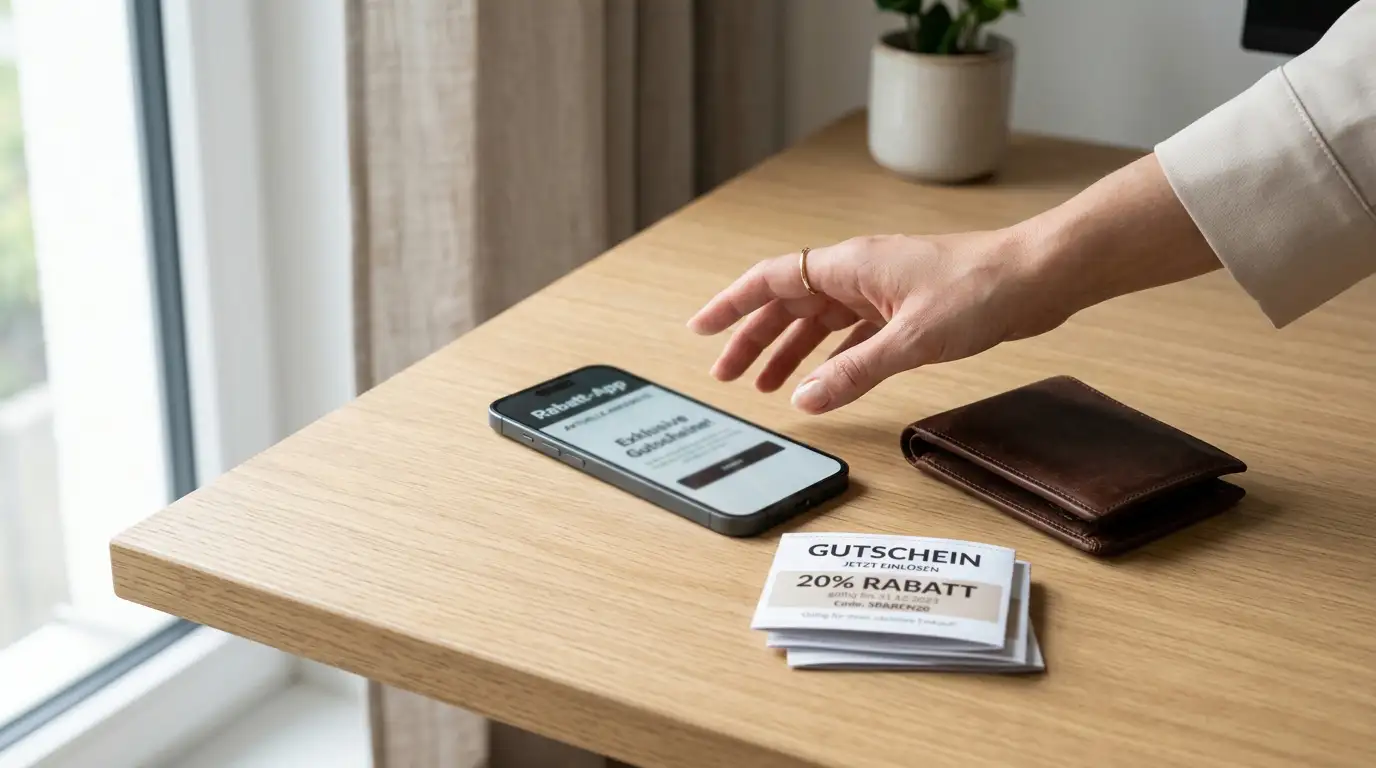 Smartphone neben Geldbörse und gedruckten Belegen auf einem Schreibtisch