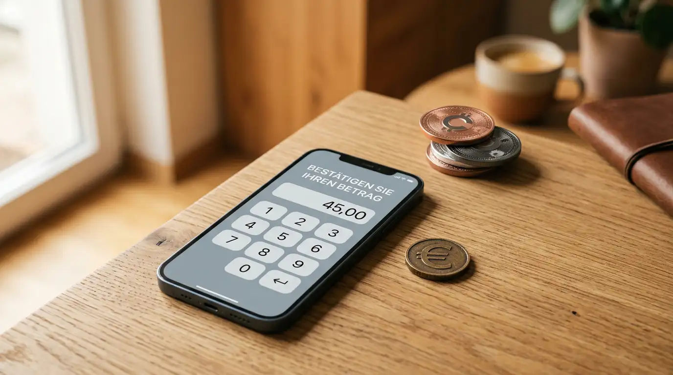 Smartphone mit Paysafecard-PIN-Eingabe, daneben ein Stapel Krypto-Münzen als Symbol, neutrale Lichtstimmung