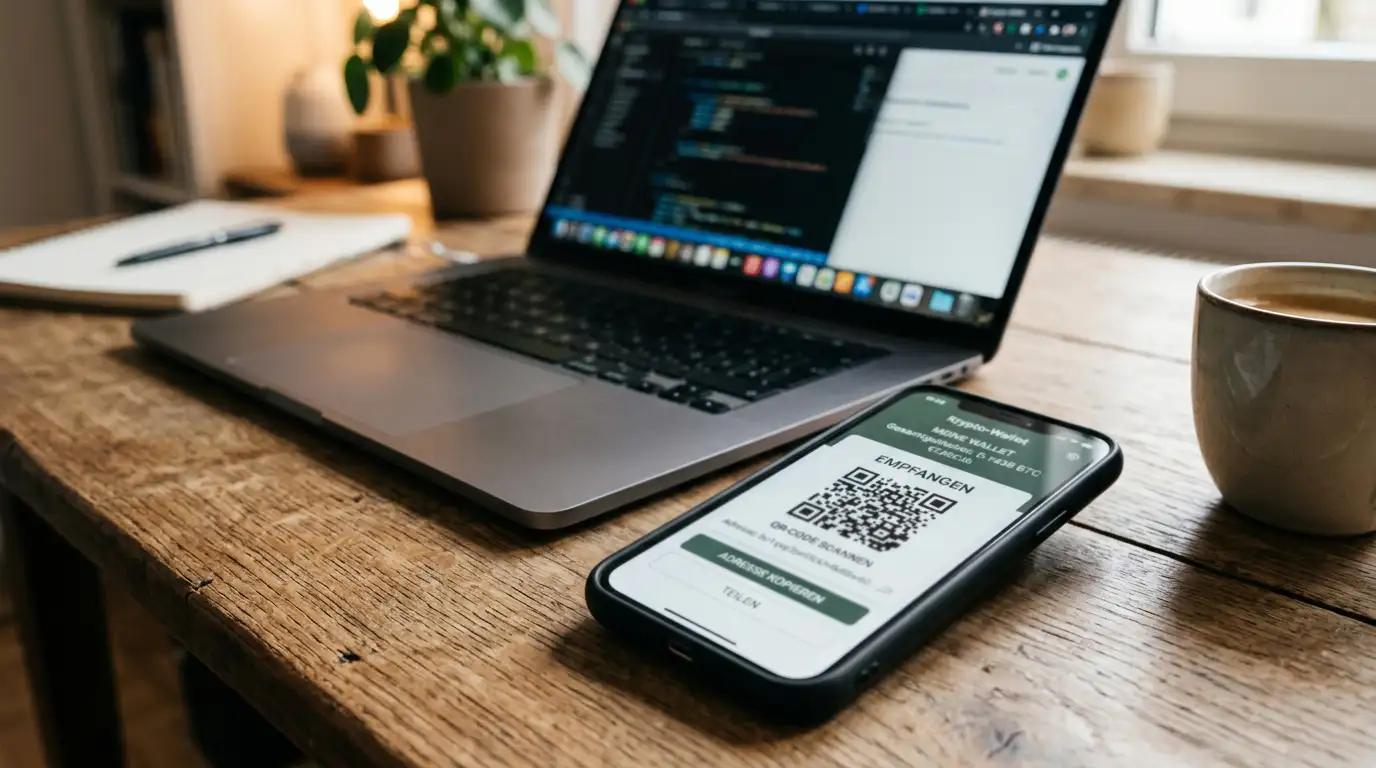 Smartphone mit Krypto-Wallet und QR-Code für Casino-Einzahlung