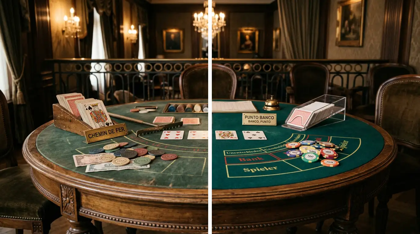 Punto Banco Vergleich zu Chemin de Fer mit historischen Spielkarten und Casino-Chips auf antikem Tisch