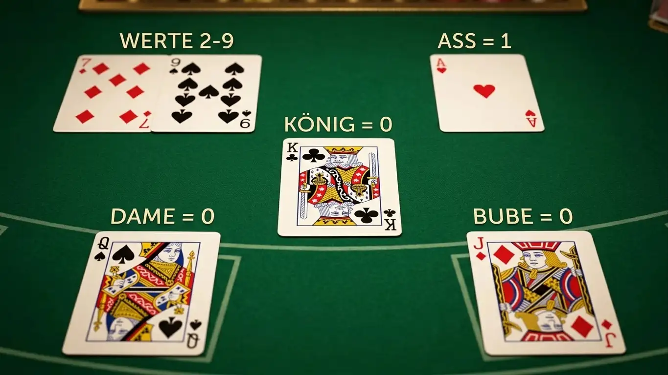 Punto Banco Kartenwerte und Spielregeln visualisiert mit Ass, Bildkarten und Zahlenkarten auf grünem Filz