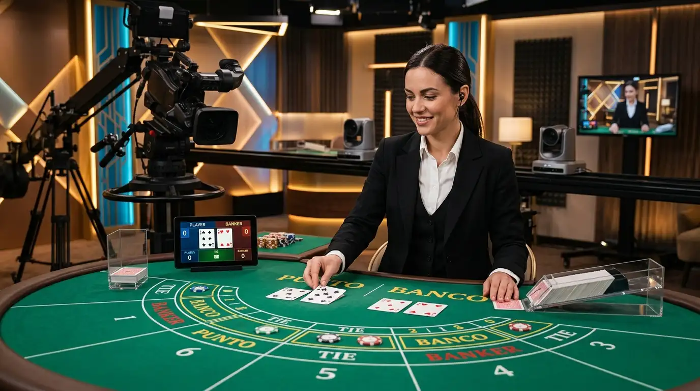 Punto Banco Spieltisch mit Live-Dealer und Karten im modernen Online-Casino-Studio