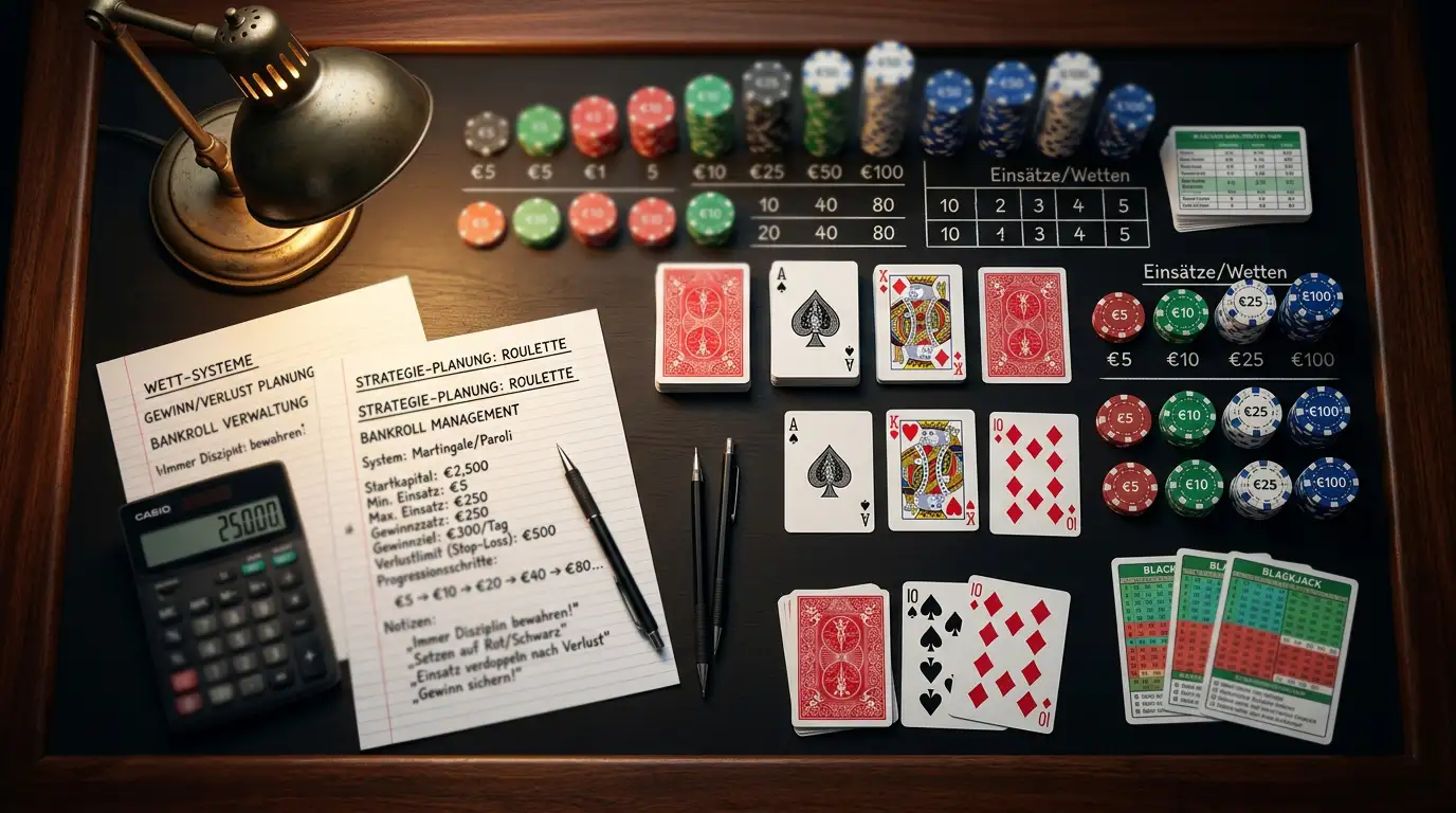 Wettsysteme und Bankroll-Management beim Punto Banco mit Chips, Notizen und Strategiekarten