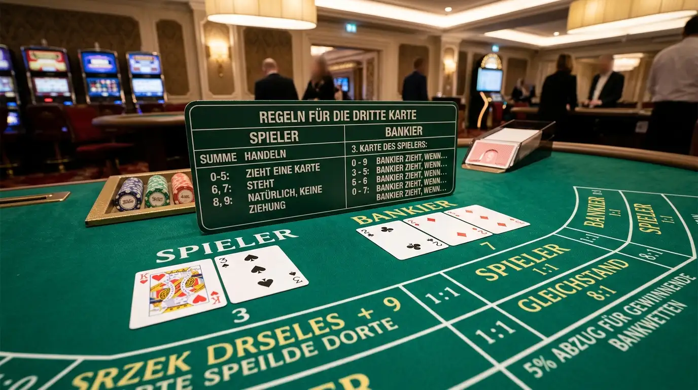 Punto Banco Ziehregeln-Tableau visualisiert mit dritten Karten und Dealer-Hand auf Live-Casino-Tisch
