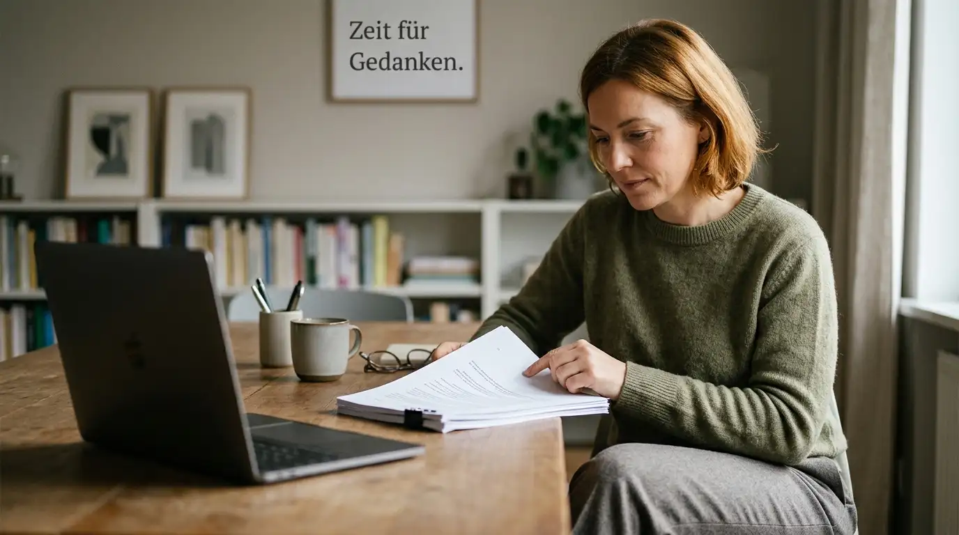 Person am Schreibtisch beim Lesen eines gedruckten Dokuments mit zugeklapptem Laptop daneben