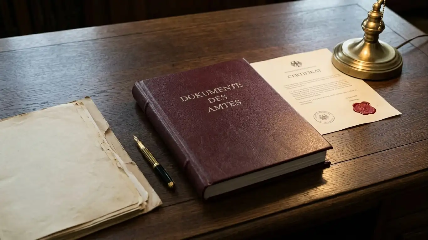 Europäischer Amtsschreibtisch mit einem schweren Aktenordner und einer offiziellen Urkunde, ruhige Büro-Szenerie