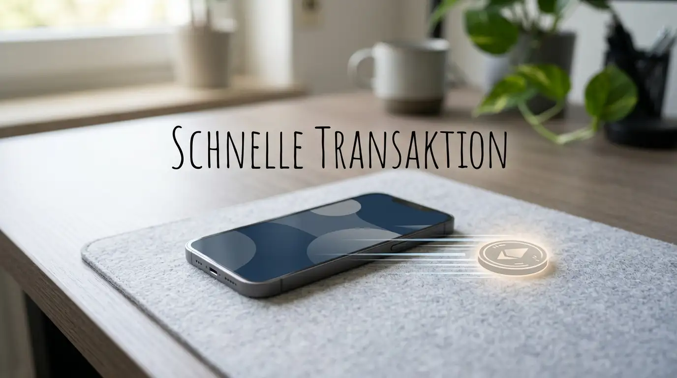 Aufgeräumter Schreibtisch mit Smartphone und Münzsymbol für schnelle Krypto-Zahlungen im Onlinespiel