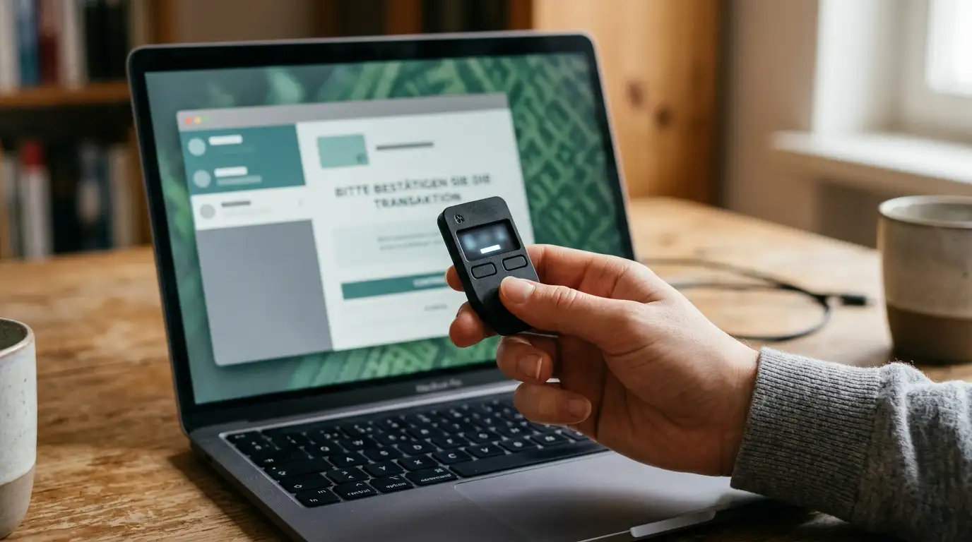 Hand hält eine Hardware-Wallet vor einem Laptop mit neutraler Kassenoberfläche