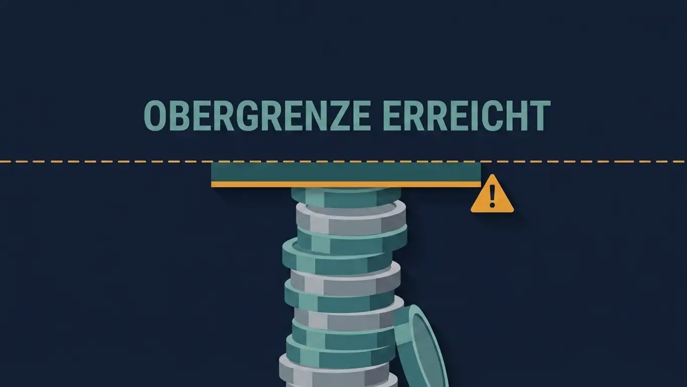 Warnsymbol vor einer stilisierten Deckelgrenze über einem Guthabenstapel, die einen Auszahlungsdeckel und fehlenden Verbraucherschutz andeutet