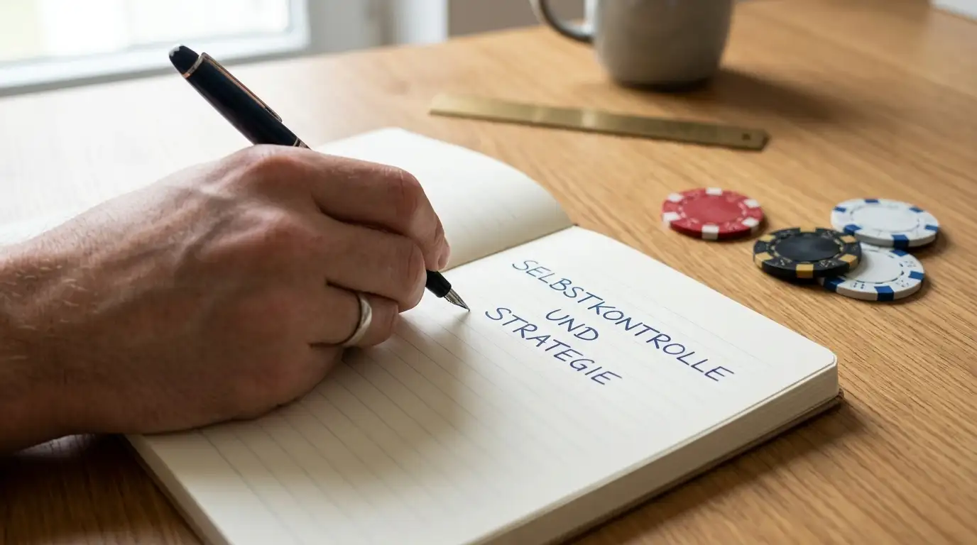 Person notiert ihr Spielbudget mit Stift in einem Notizbuch