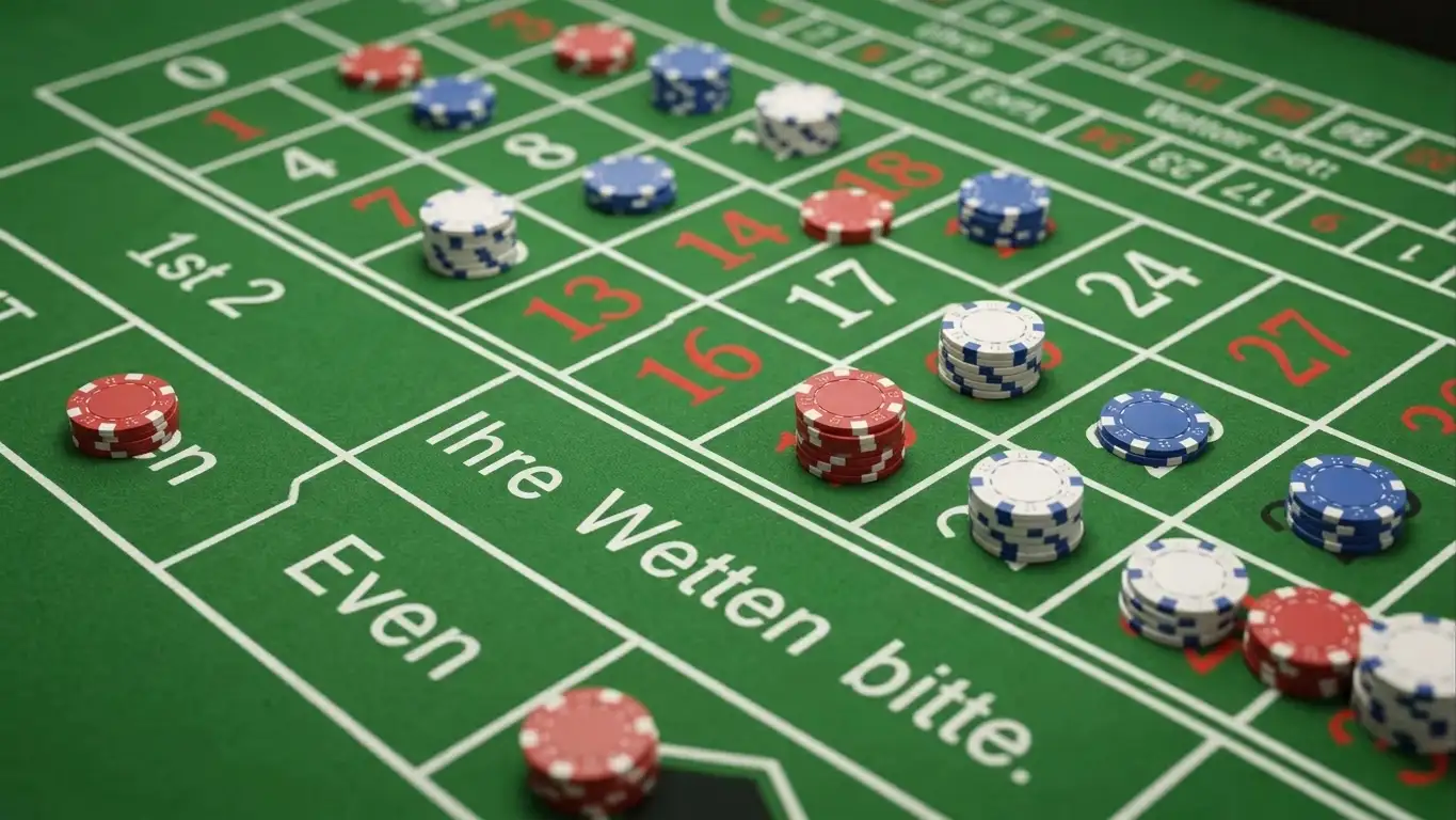 Roulette-Setzfeld mit platzierten Chips auf Zahlen und einfachen Chancen