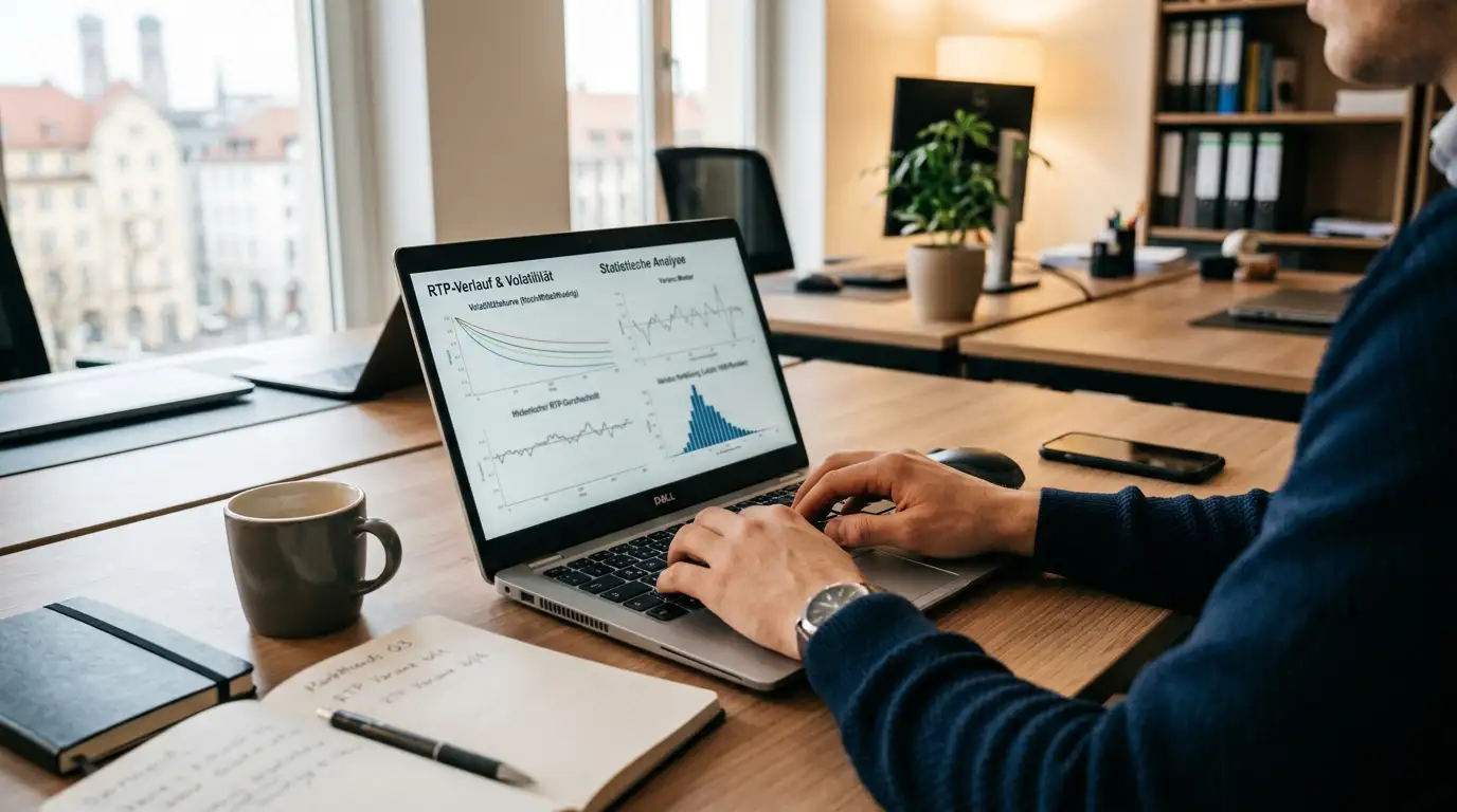 Person analysiert RTP-Werte und Volatilitätskurven auf Laptop-Bildschirm