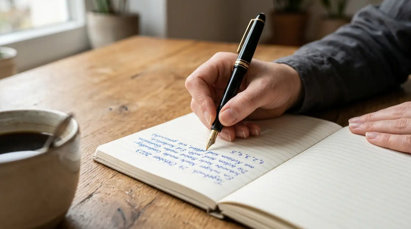 Notizbuch mit handschriftlichen Zahlen, eine Hand rechnet mit Stift statt Taschenrechner
