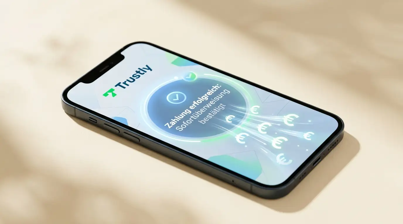 Digitales Zahlungssystem mit Trustly Logo und Instant-Transfer-Anzeige auf modernem Smartphone Display zeigt Casino-Auszahlung in Echtzeit