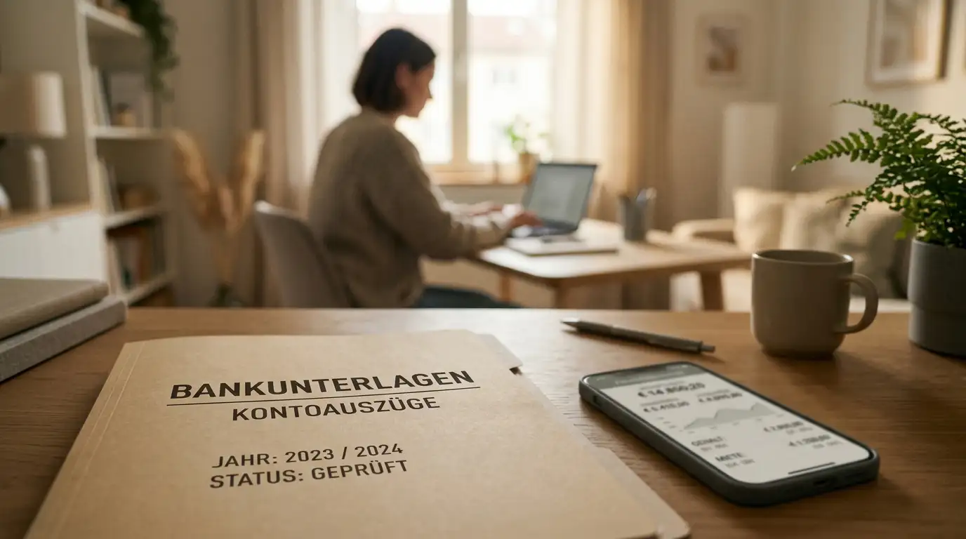 Ordner mit Kontoauszügen und einem Smartphone, das eine SCHUFA-Selbstauskunft anzeigt