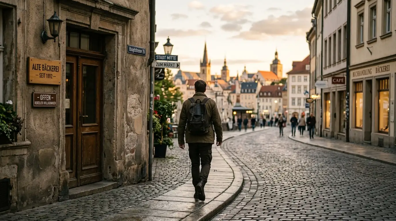 Person verlässt eine Tür Richtung Straße, Sinnbild für Selbstschutz und Spielpause