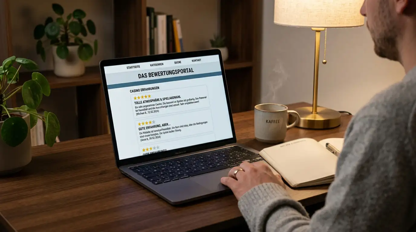 Laptop mit Casino-Review-Seite und Beschwerdeforum im Browser