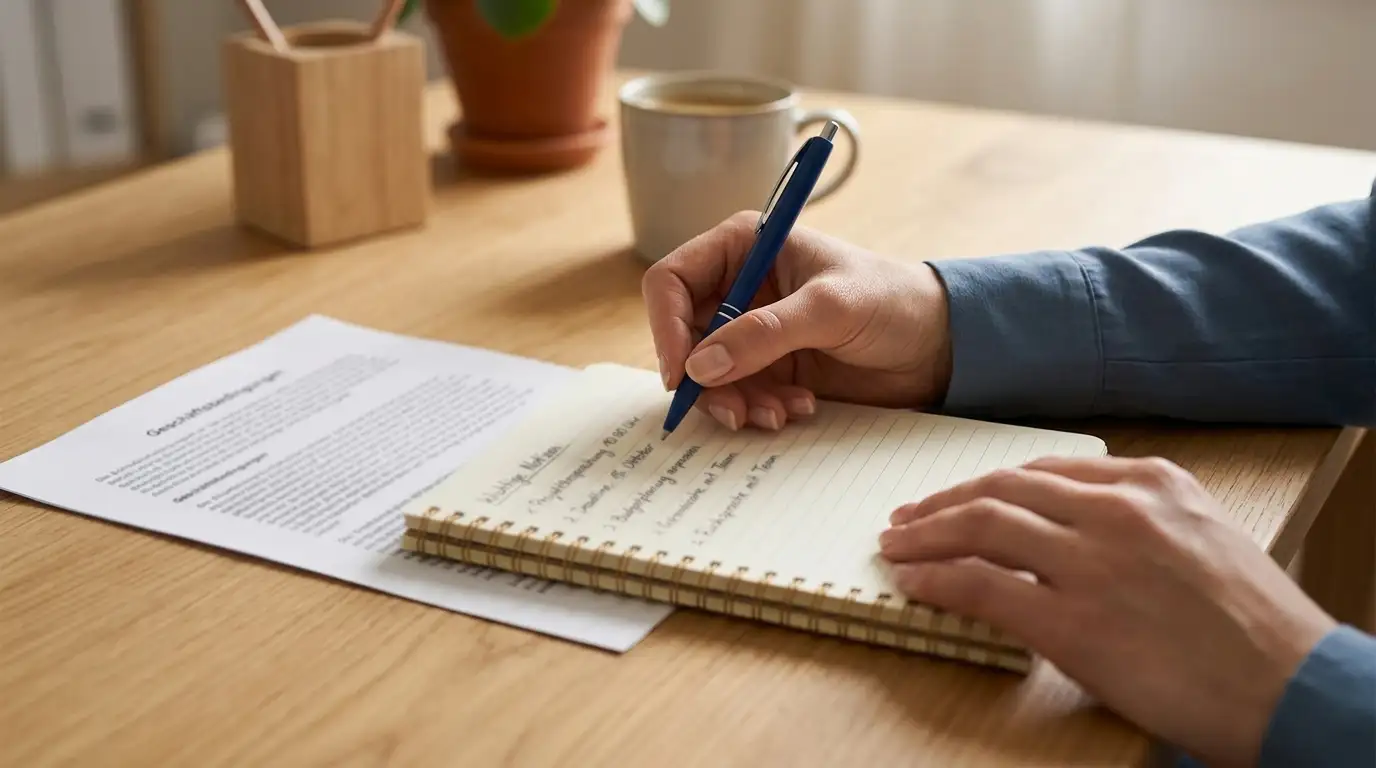 Person prüft mit Stift und Notizblock die Bedingungen eines Neukundenbonus