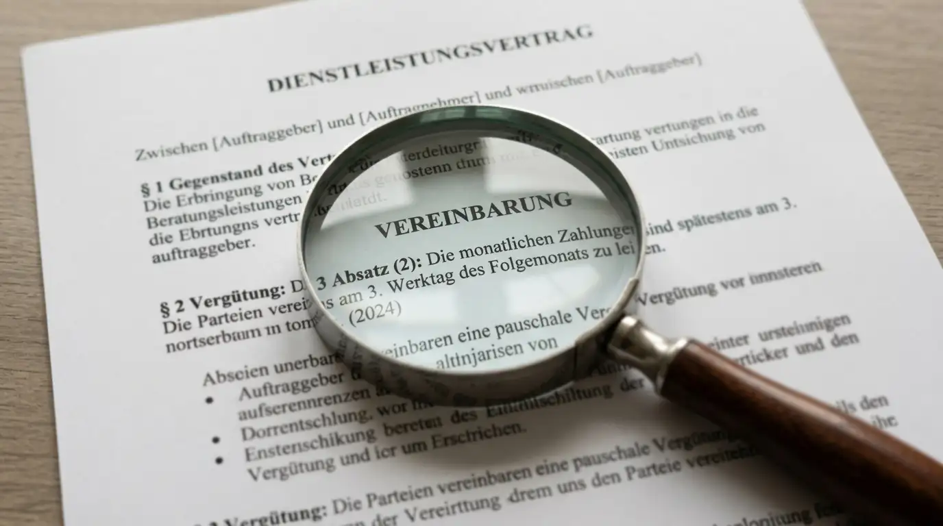 Vergrößerungsglas über einem Vertragsdokument, dahinter unscharf eine Tastatur