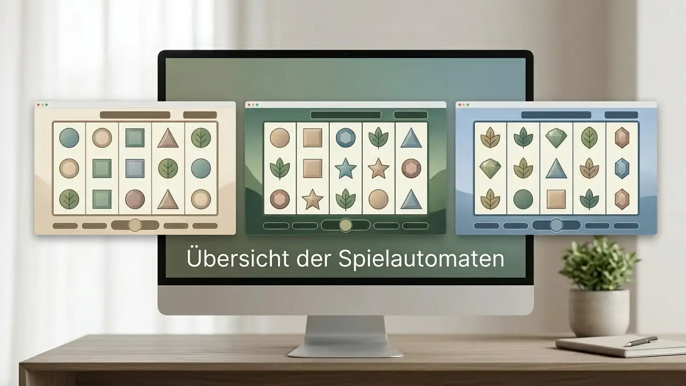 Drei Spielautomaten-Bildschirme nebeneinander auf einem Holzregal