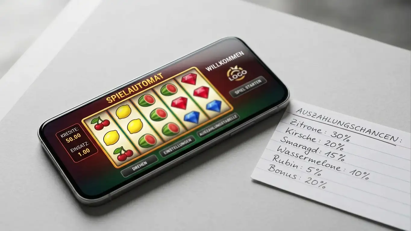 Smartphone-Bildschirm mit Slot-Walzen und danebenliegender Liste mit RTP-Werten und Provider-Logos als Symbole