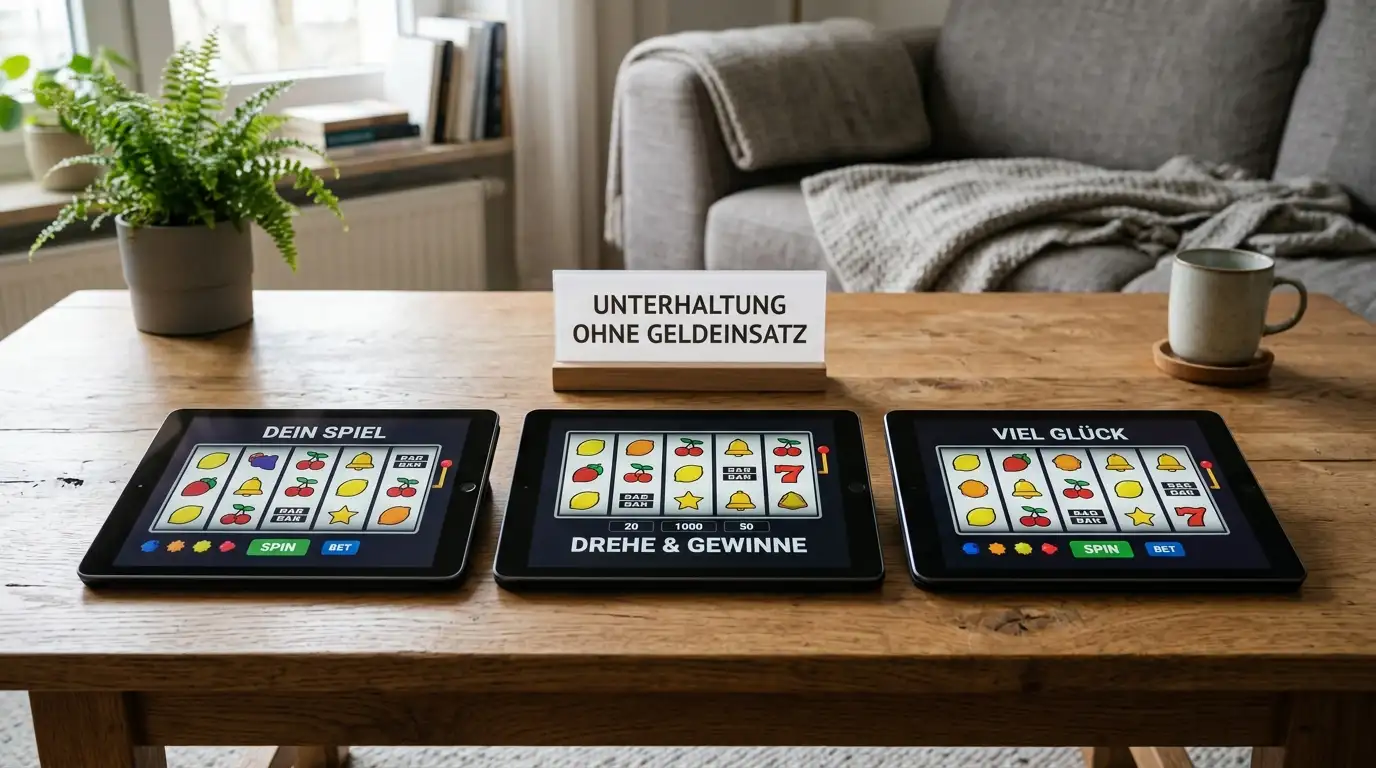 Drei Spielbildschirme nebeneinander mit klassischen Slot-Symbolen auf gemütlichem Wohnzimmer-Hintergrund