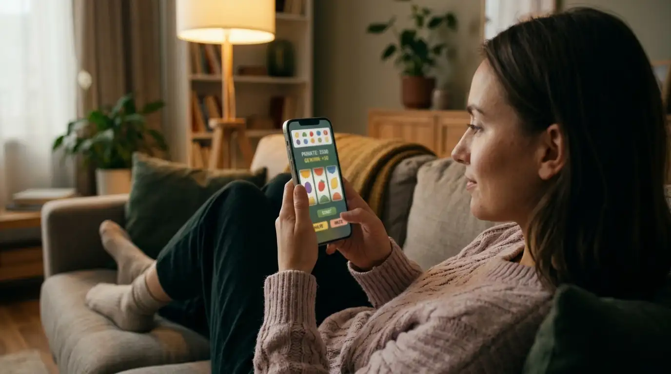 Person spielt entspannt am Smartphone mit generischen Walzensymbolen ohne Markenbezug