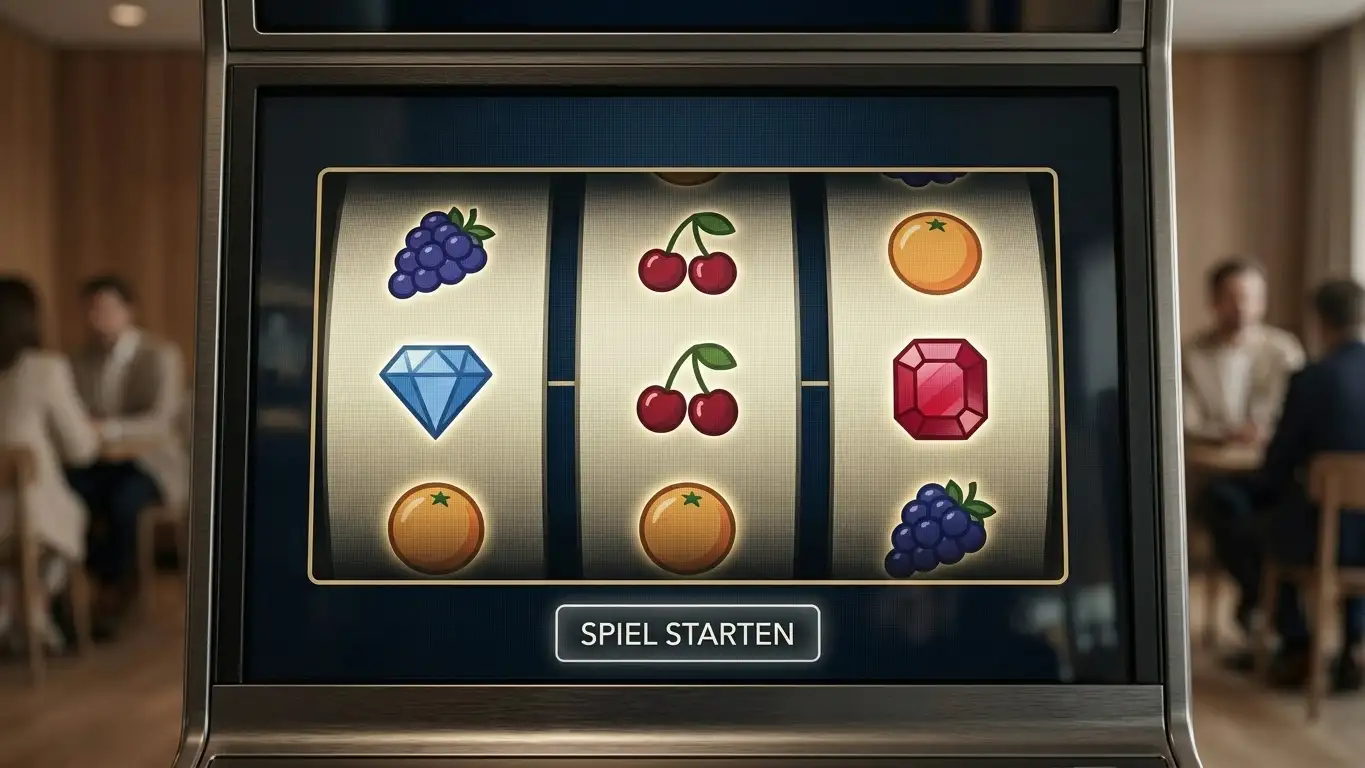 Nahaufnahme generischer Spielautomaten-Walzen ohne Markenzeichen auf einem Bildschirm