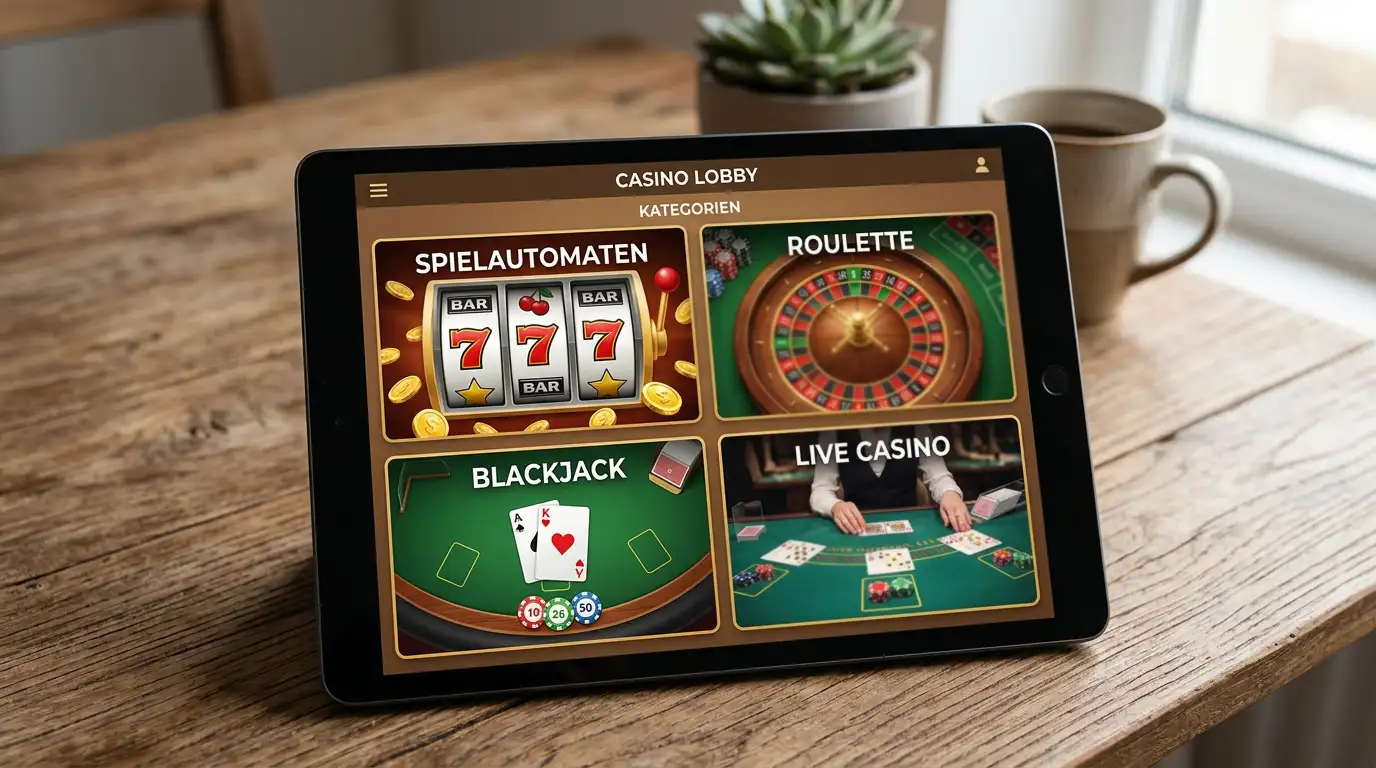 Verschiedene Casino-Spieltypen auf Tablet-Display
