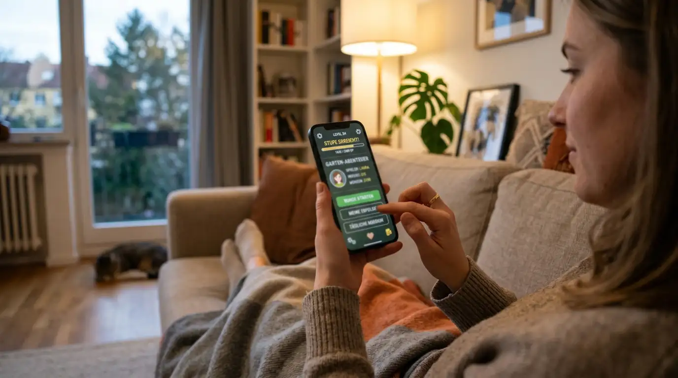 Spieler hält Smartphone mit neutraler Casino-App-Oberfläche in einer ruhigen Wohnung