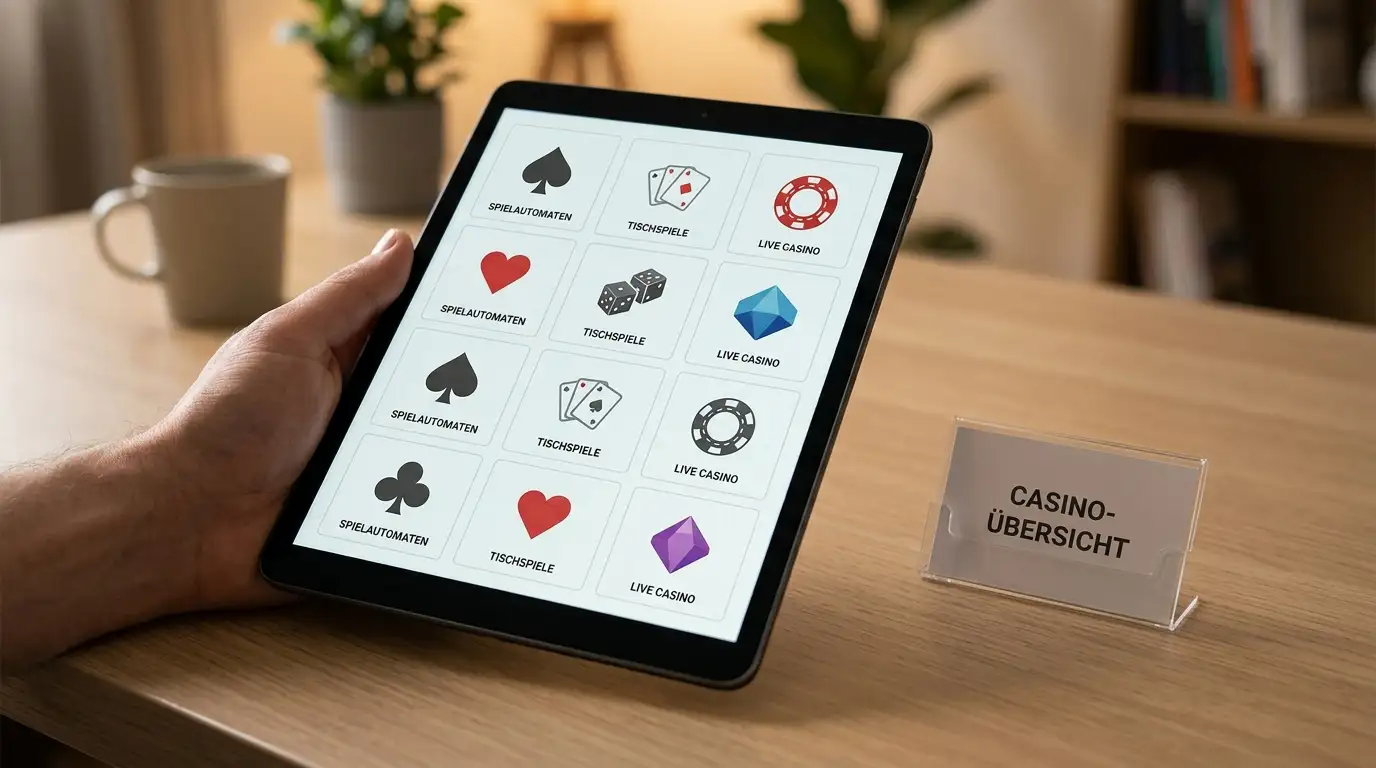 Übersicht mehrerer generischer Casino-Kacheln auf einem Tablet-Bildschirm als Anbietervergleich