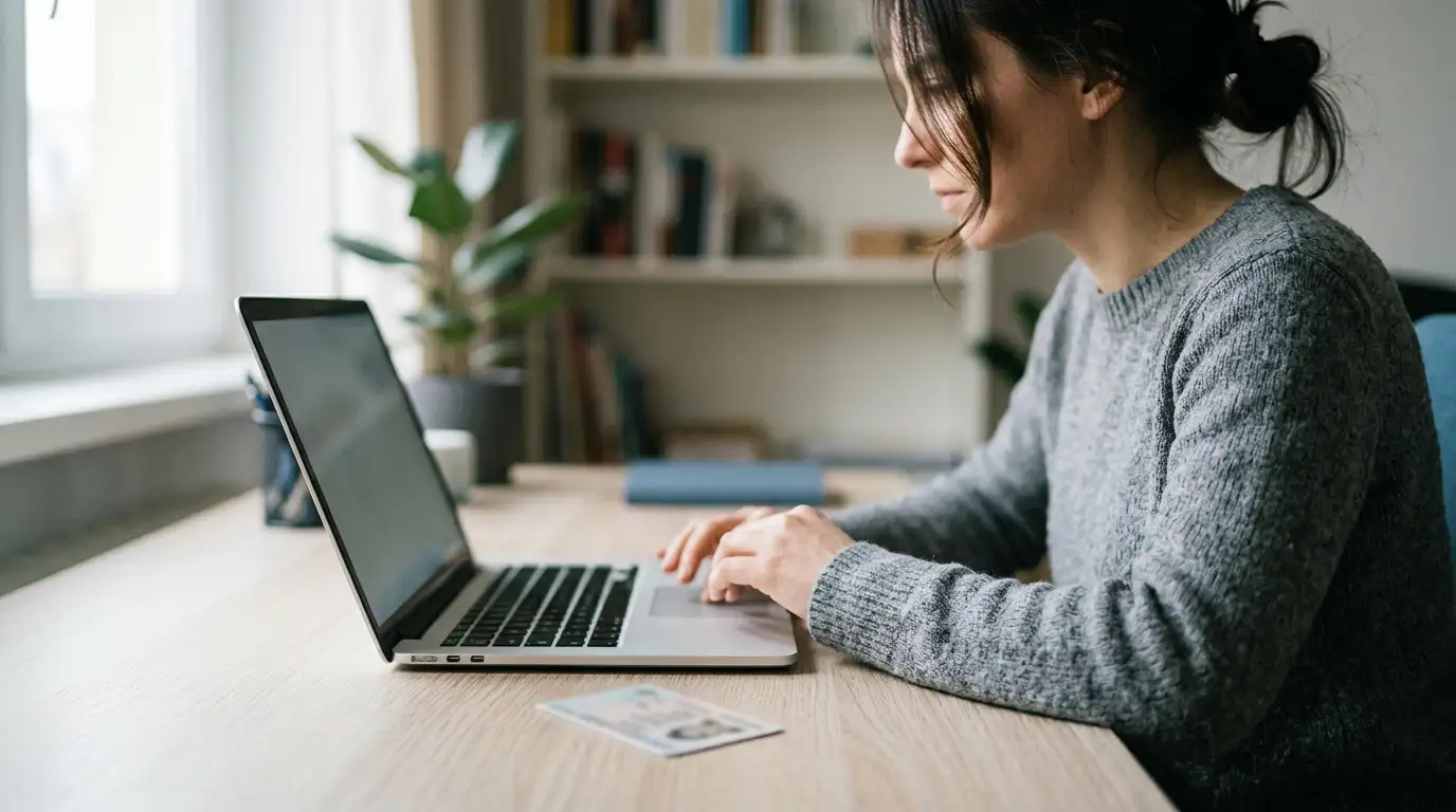 Person am Laptop mit ausgeblendetem Ausweisdokument als Sinnbild für anonymes Spielen ohne KYC