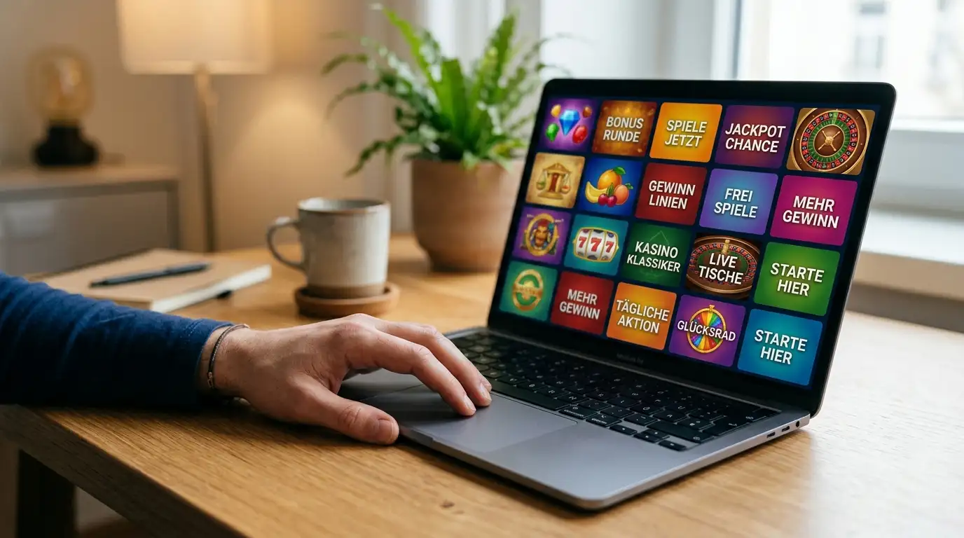 Raster bunter generischer Spielkacheln aus Slots und Live-Casino auf einem Laptop