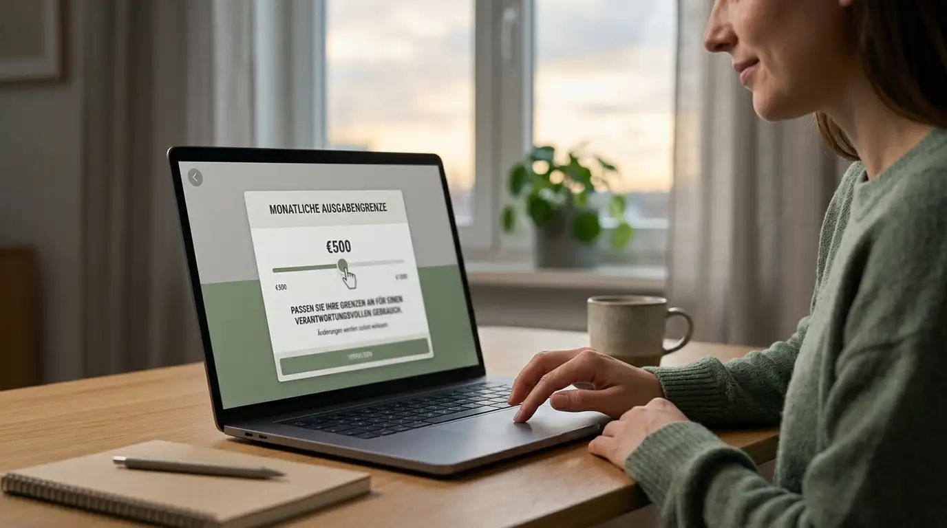 Ruhige Person stellt am Laptop ein Einzahlungslimit in einer neutralen Kontoeinstellung ein