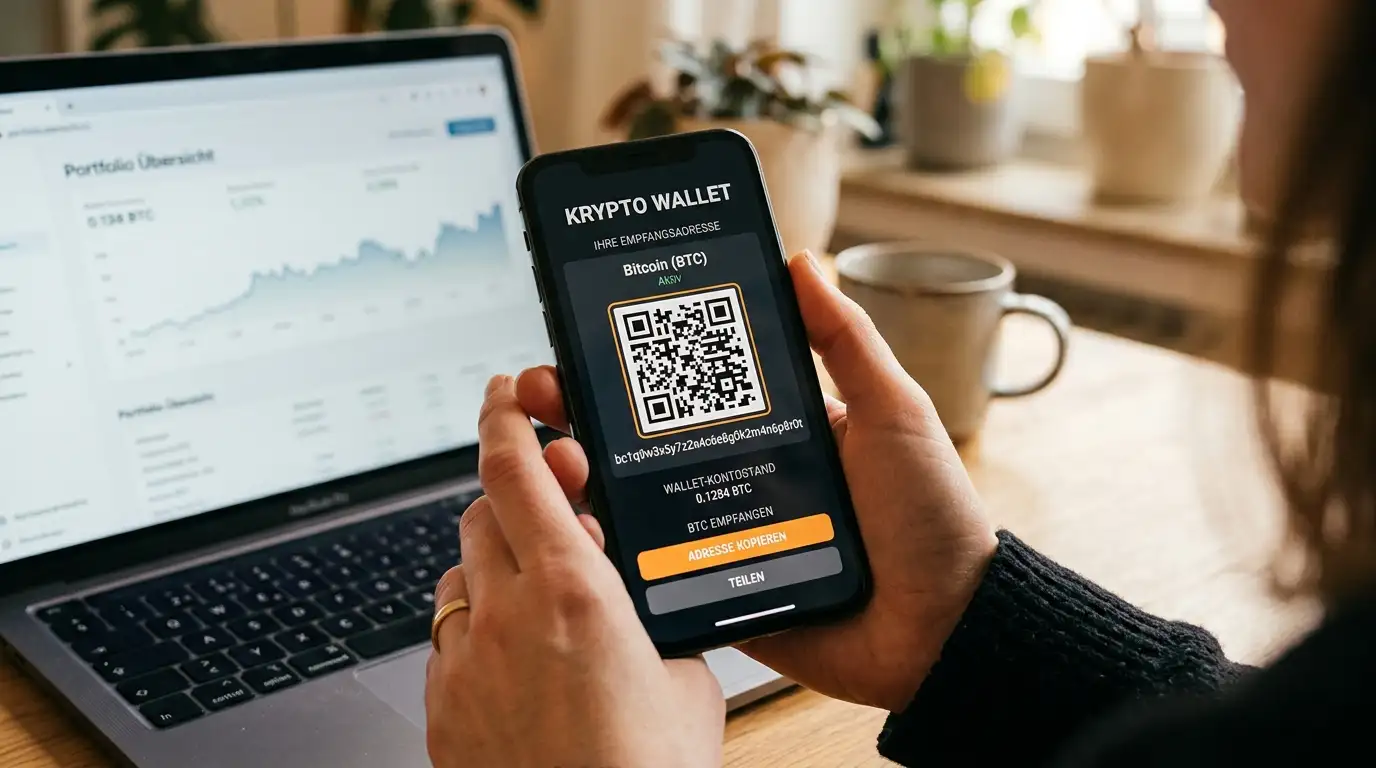 Smartphone mit einer Krypto-Wallet-App und einem QR-Code für eine SOL-Transaktion