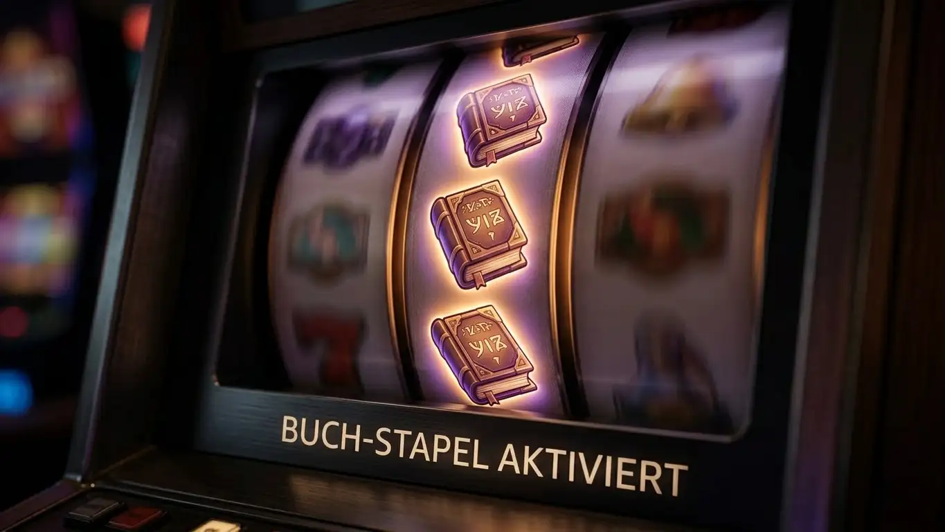 Nahaufnahme eines Spielautomaten mit Buchsymbolen auf den Walzen, gedämpftes Stimmungslicht