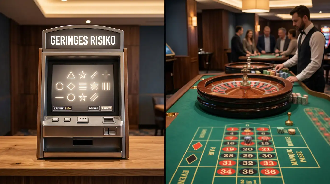 Spielautomat auf der linken Bildhälfte, Live-Roulette-Tisch auf der rechten, gleicher Maßstab, neutraler Hintergrund