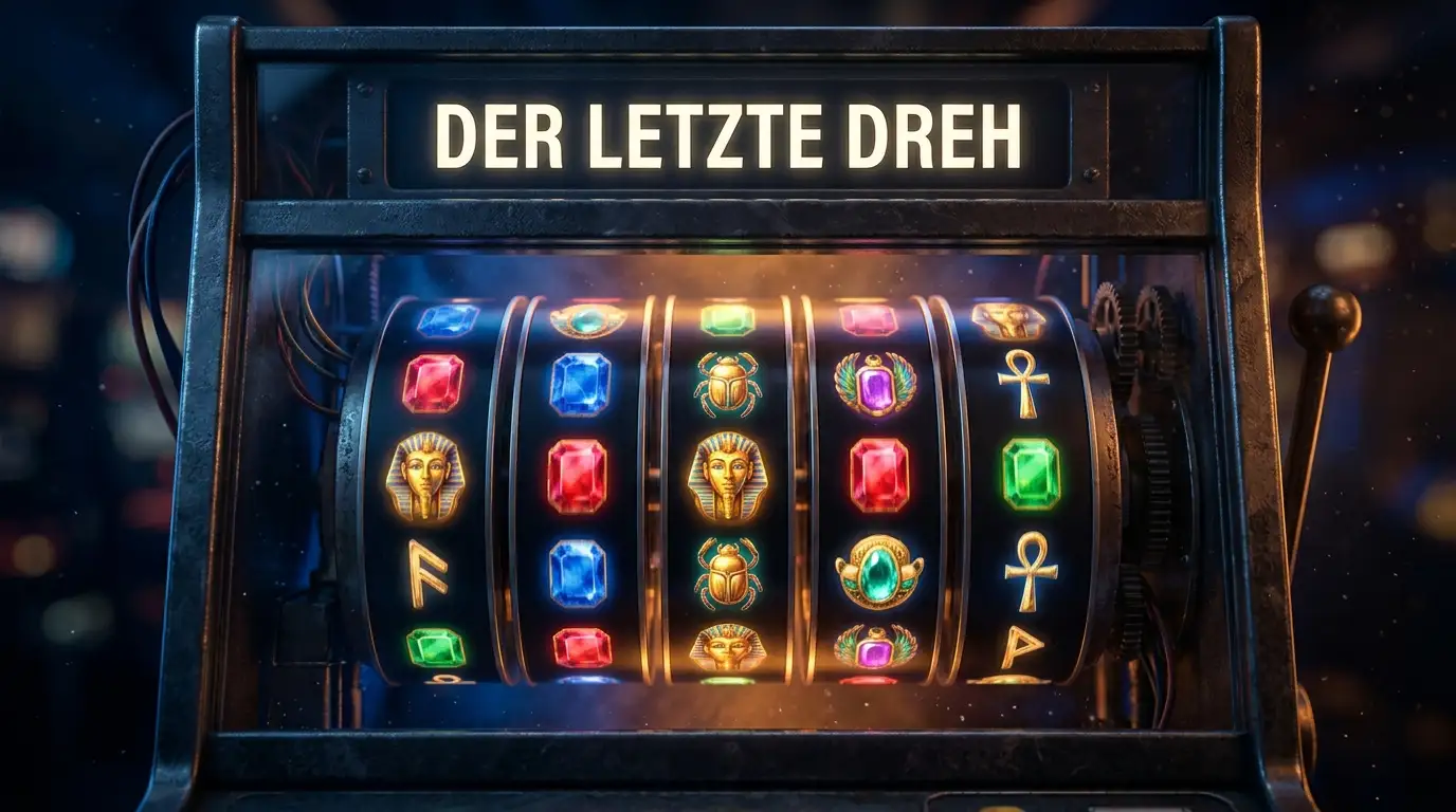 Filmisches Stillleben einer Spielautomat-Walzenreihe mit leuchtenden Symbolen und weichen Lichtreflexen