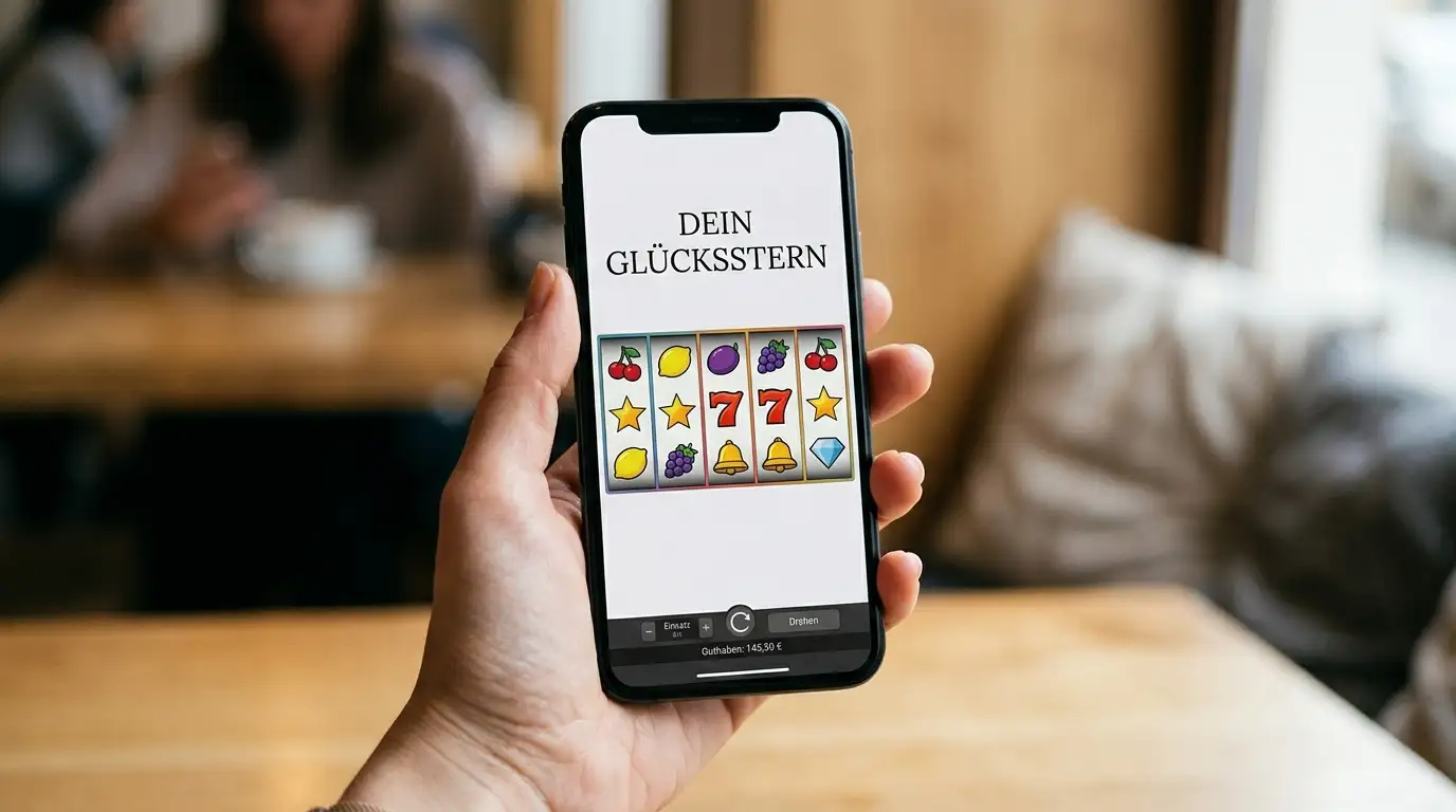 Hand am Smartphone mit neutralen Walzensymbolen als Sinnbild für Spielautomaten mit kleinem Budget