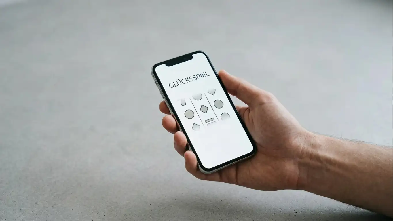 Hand hält ein Smartphone mit neutralen Walzensymbolen als Sinnbild für mobiles Automatenspiel mit kleinem Budget
