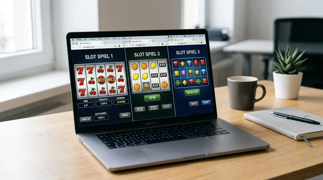 Verschiedene Slot-Spieloberflächen von führenden Anbietern auf Laptop-Bildschirmen