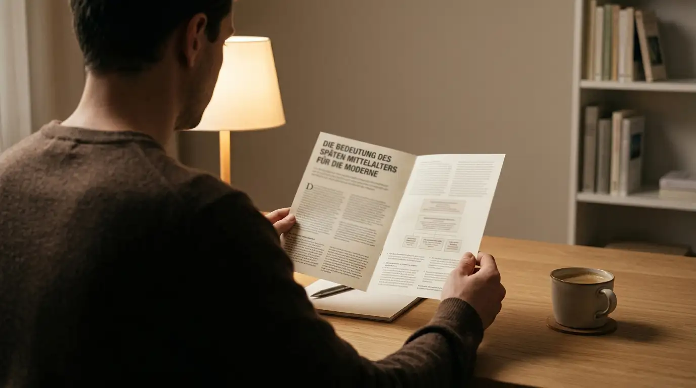 Ruhige Szene: Eine Person sitzt an einem aufgeräumten Schreibtisch und liest ein offizielles deutsches Informationsblatt zum Spielerschutz, warmes indirektes Licht