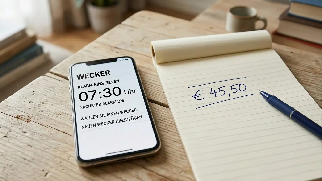 Smartphone mit aktivem Wecker und einem linierten Notizblock mit Verlustgrenze