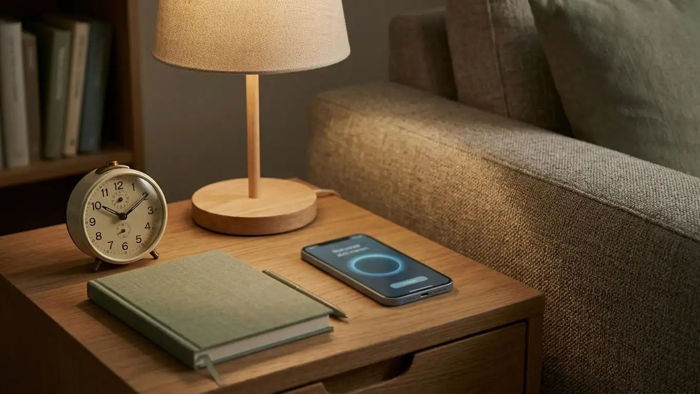 Tisch mit Notizbuch, Wecker und Smartphone, auf dem Bildschirm ein dezenter Timer