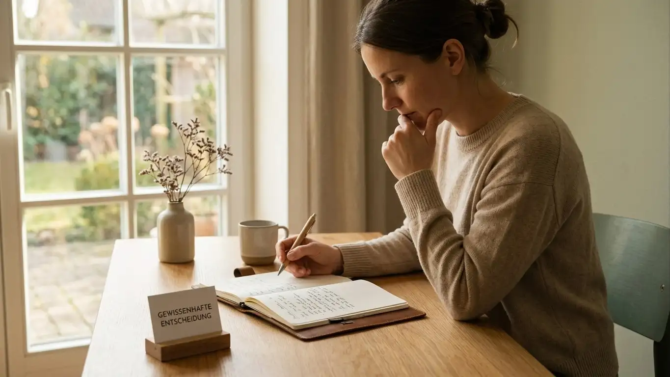 Ruhige Szene einer Person, die an einem aufgeräumten Schreibtisch ein Notizbuch mit handschriftlichen Notizen liest — kein Bildschirm, keine Chips, keine Karten